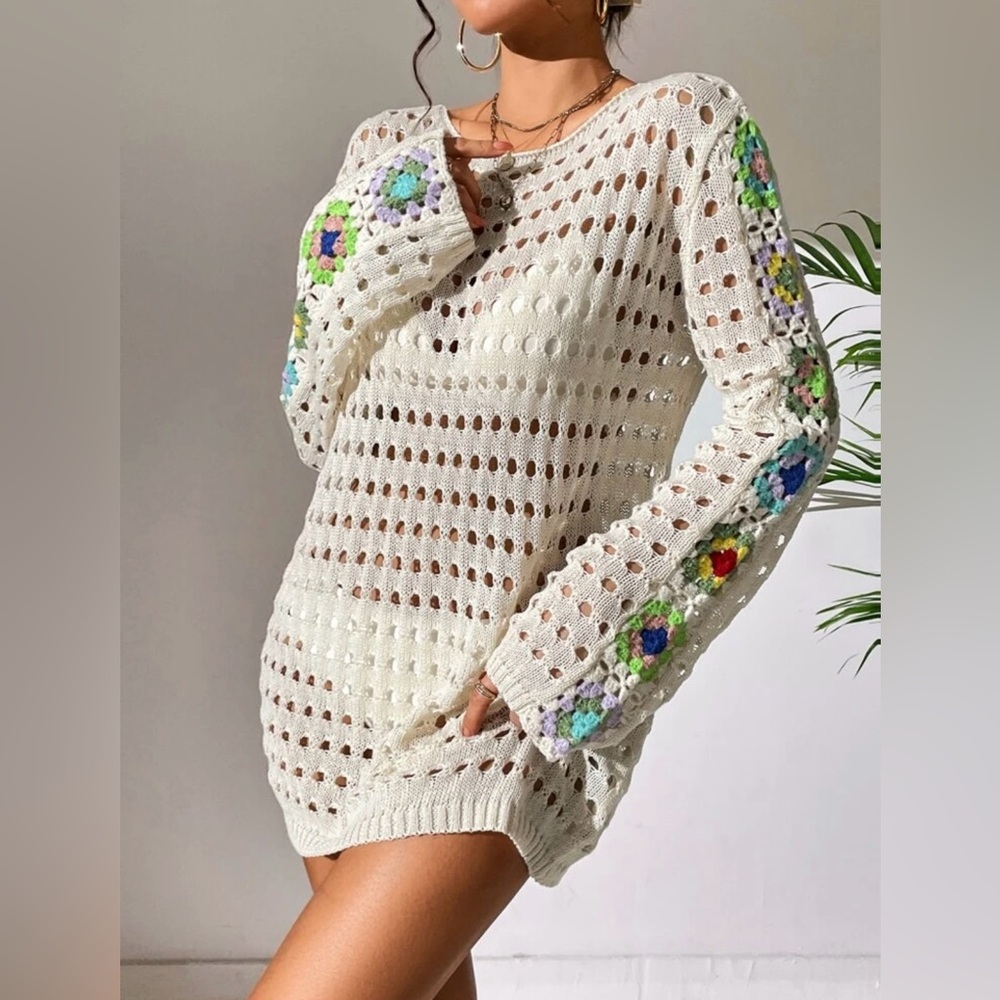 Women’s Cream Crochet Cover-Up Sweater with Floral Sleeves